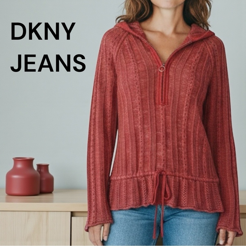 DKNY Jeans Boho Coral Knit Hoodie Sweater Zip Front Drawstring Waist Flowy Hem
